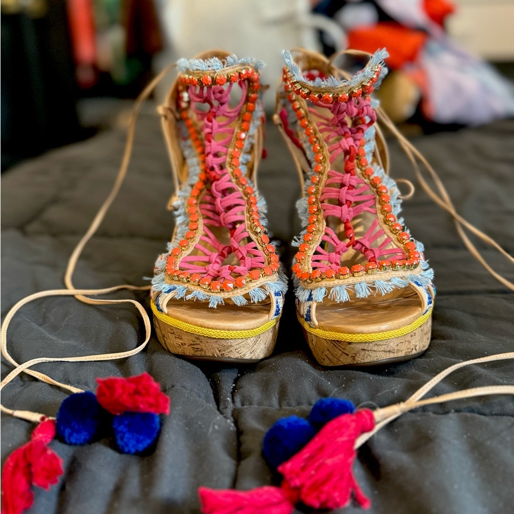 Colorful Schutz wedge with patterned detailing